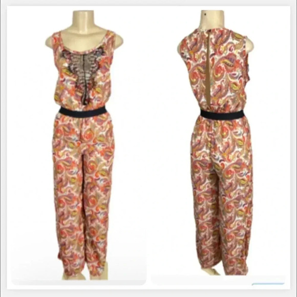 LOVE CULTURE JUMPSUIT LACE  WHITE  COLORFUL PAISLEY PRINT WIDE LEG PANTS - Picture 3 of 11